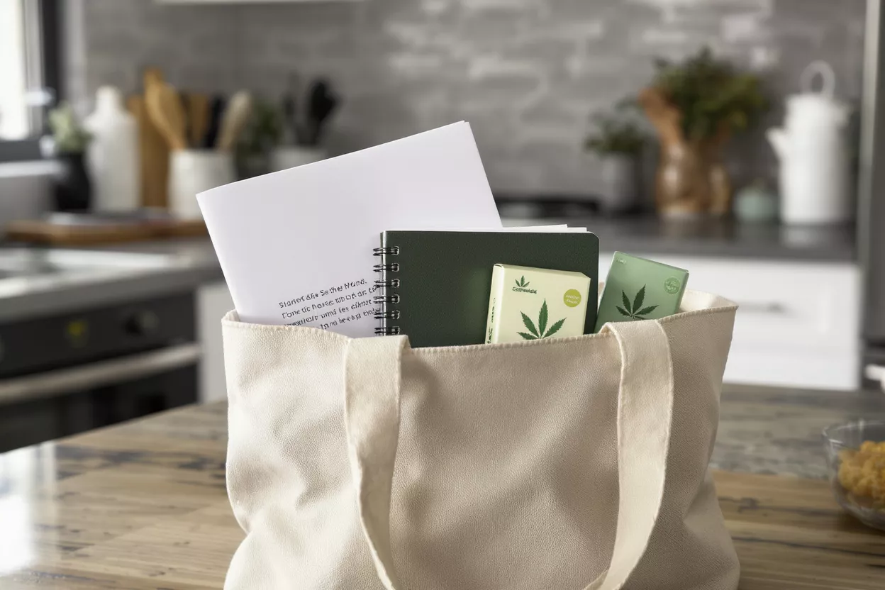 Cannabis Products in Tote Bag Tote bag with cannabis products, notebook, and papers on a kitchen counter.
