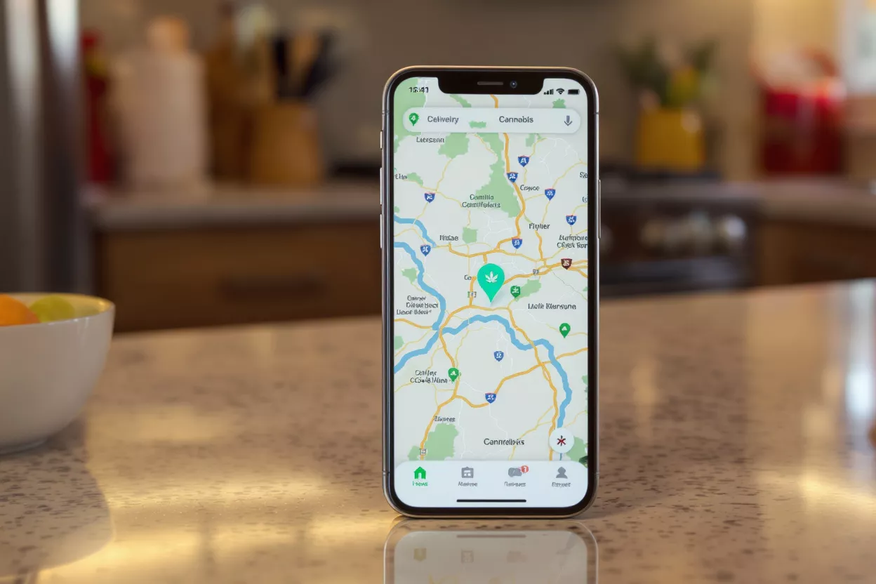 Cannabis Delivery App on iPhone iPhone displaying a cannabis delivery app map with a prominent cannabis leaf icon.