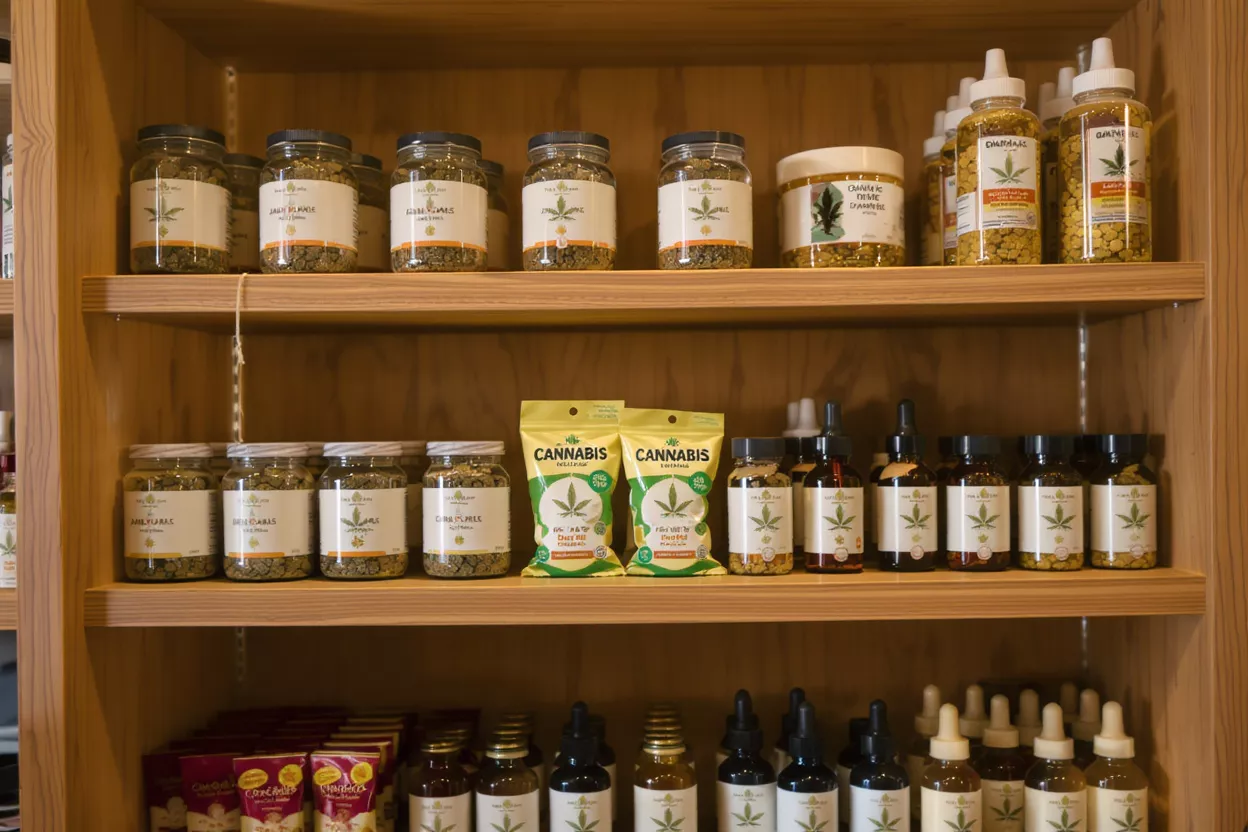 Cannabis Products on Wooden Shelves Various cannabis products in jars, pouches, and bottles displayed on wooden shelves.