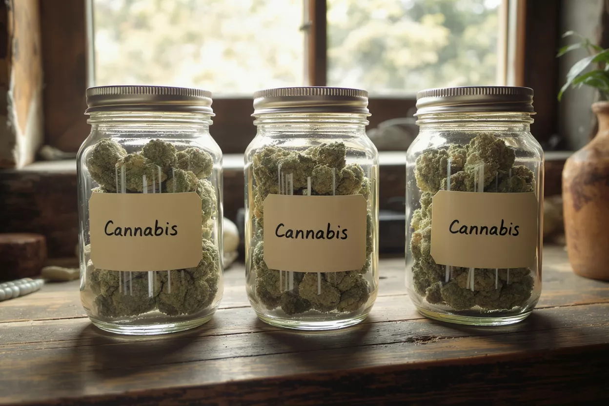 Three Cannabis Jars Three glass jars filled with cannabis buds, labeled "Cannabis" on a wooden surface.