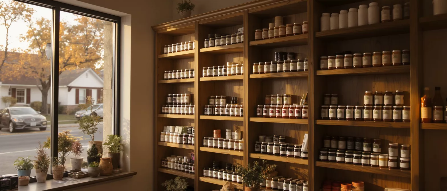 Wooden shelves filled with jars of preserves and products, next to a window.