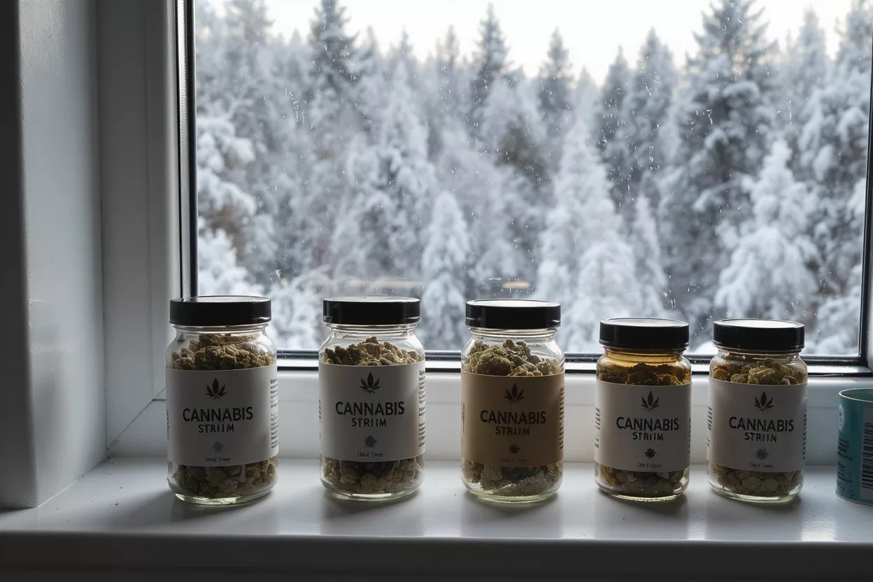 Cannabis Striim Jars in Winter Five glass jars of Cannabis Striim products on a windowsill with a snowy forest background.