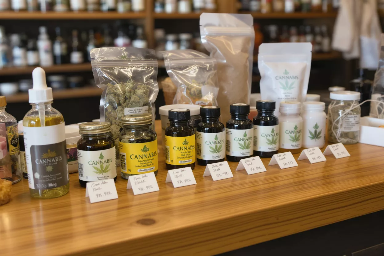 Cannabis Products Display Various cannabis products including oils, flowers, and edibles displayed on a wooden counter.