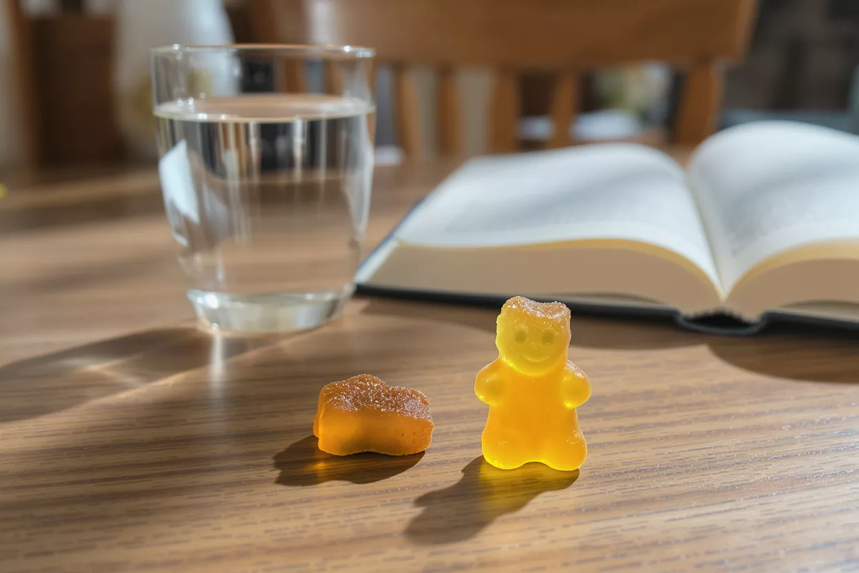 Gummy Bear and Book A yellow gummy bear and a small gummy on a wooden table with a glass of water and an open book.