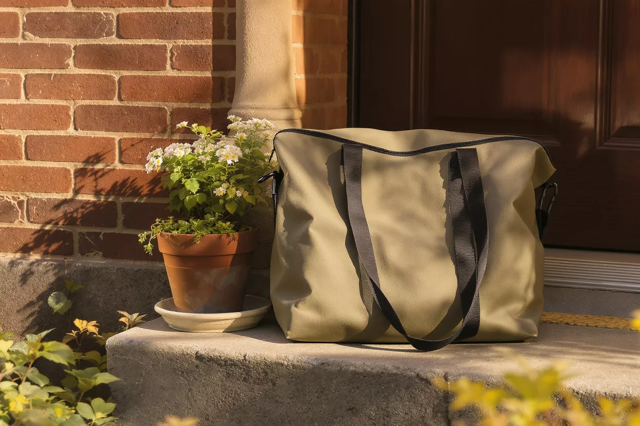 Khaki duffel bag on concrete steps next to a potted plant and brick wall.
