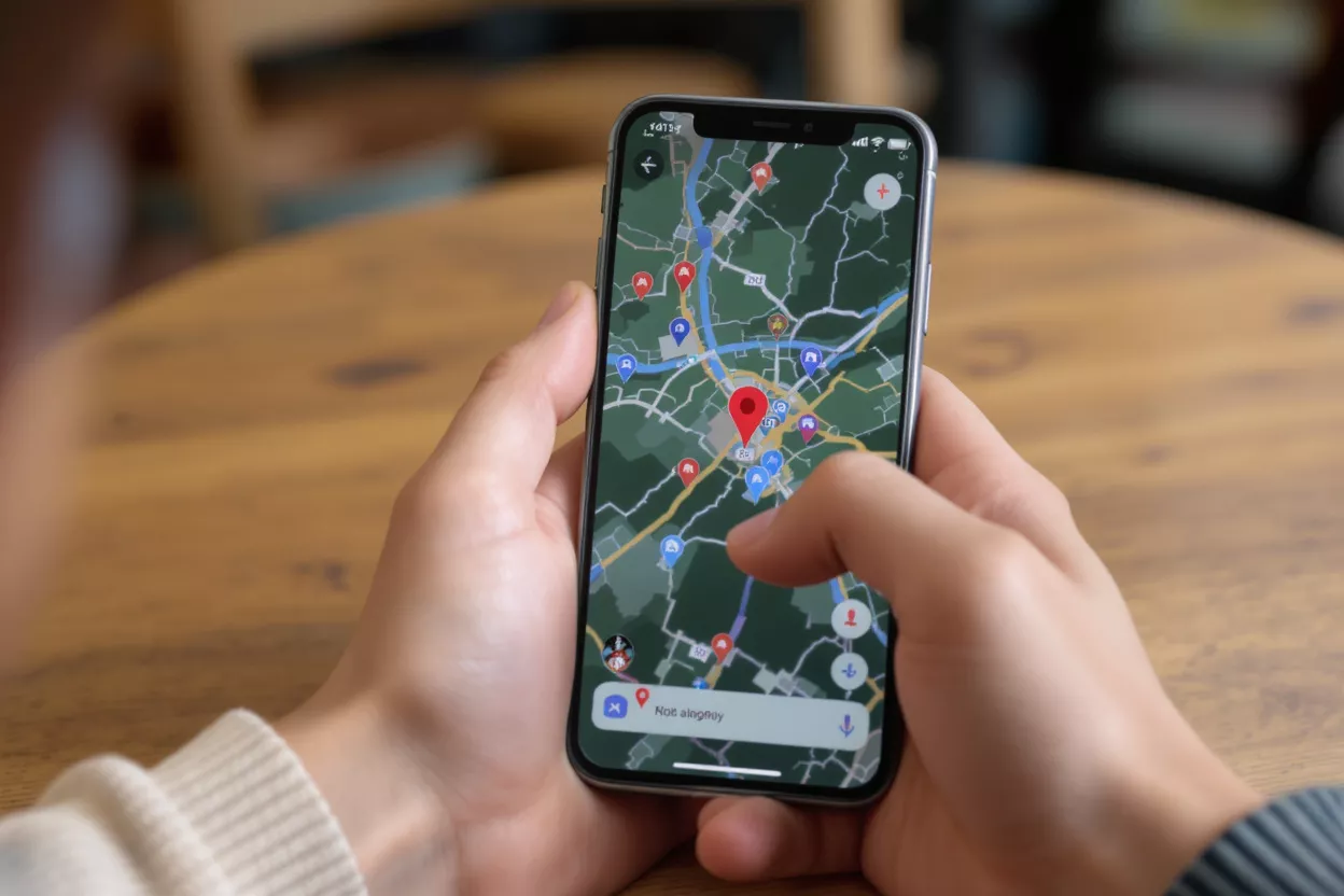Close-up of hands holding an iPhone displaying Google Maps with a red pin.