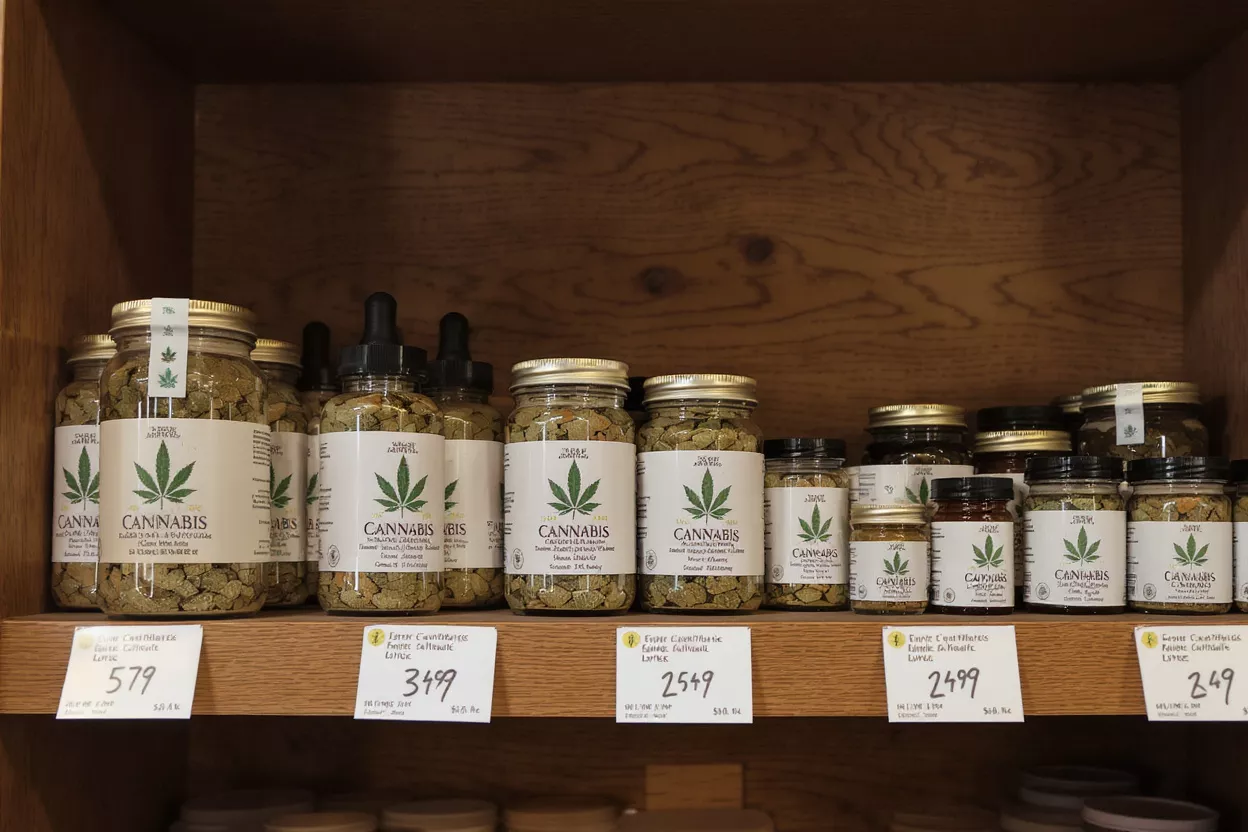 Various cannabis products in jars and bottles with cannabis leaf labels on a wooden shelf.