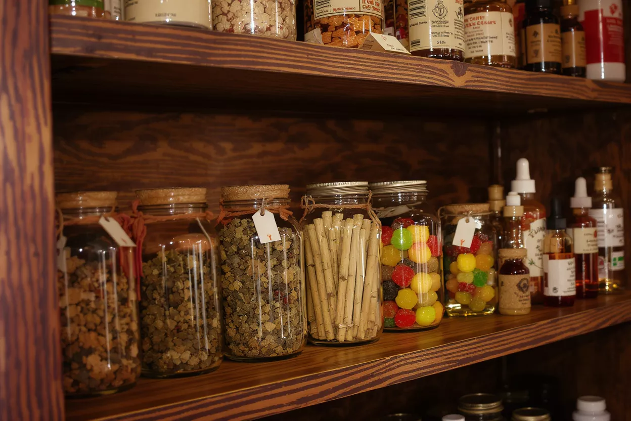 Various jars of spices, candies, and liquids on wooden shelves.