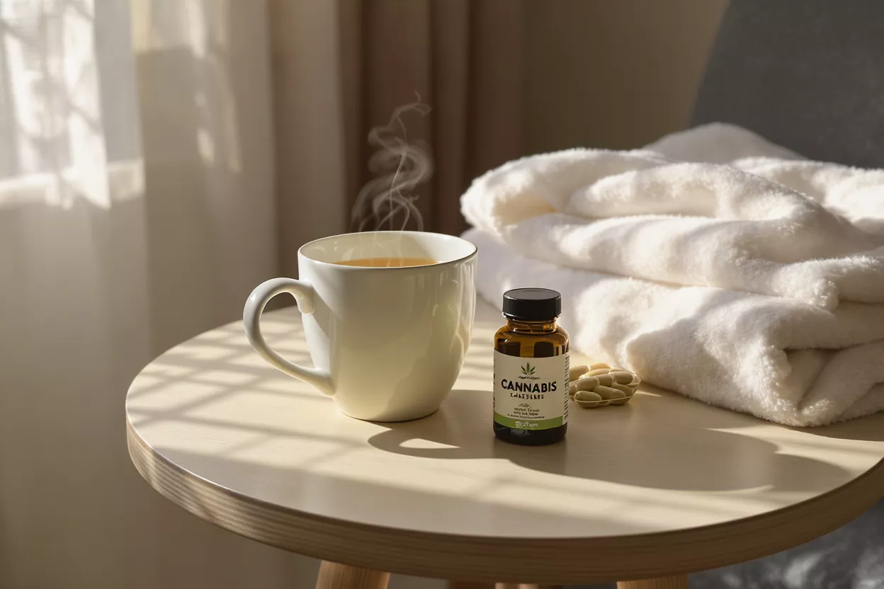 Cannabis capsules, steaming tea, and white towels on a bedside table.