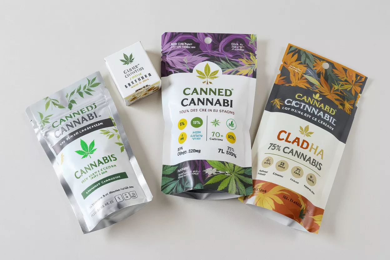 Three cannabis pouches and a small box on a white background, featuring leaf designs.