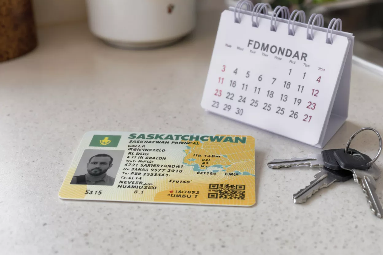 Saskatchewan ID, keys, and a desk calendar on a light-colored surface.