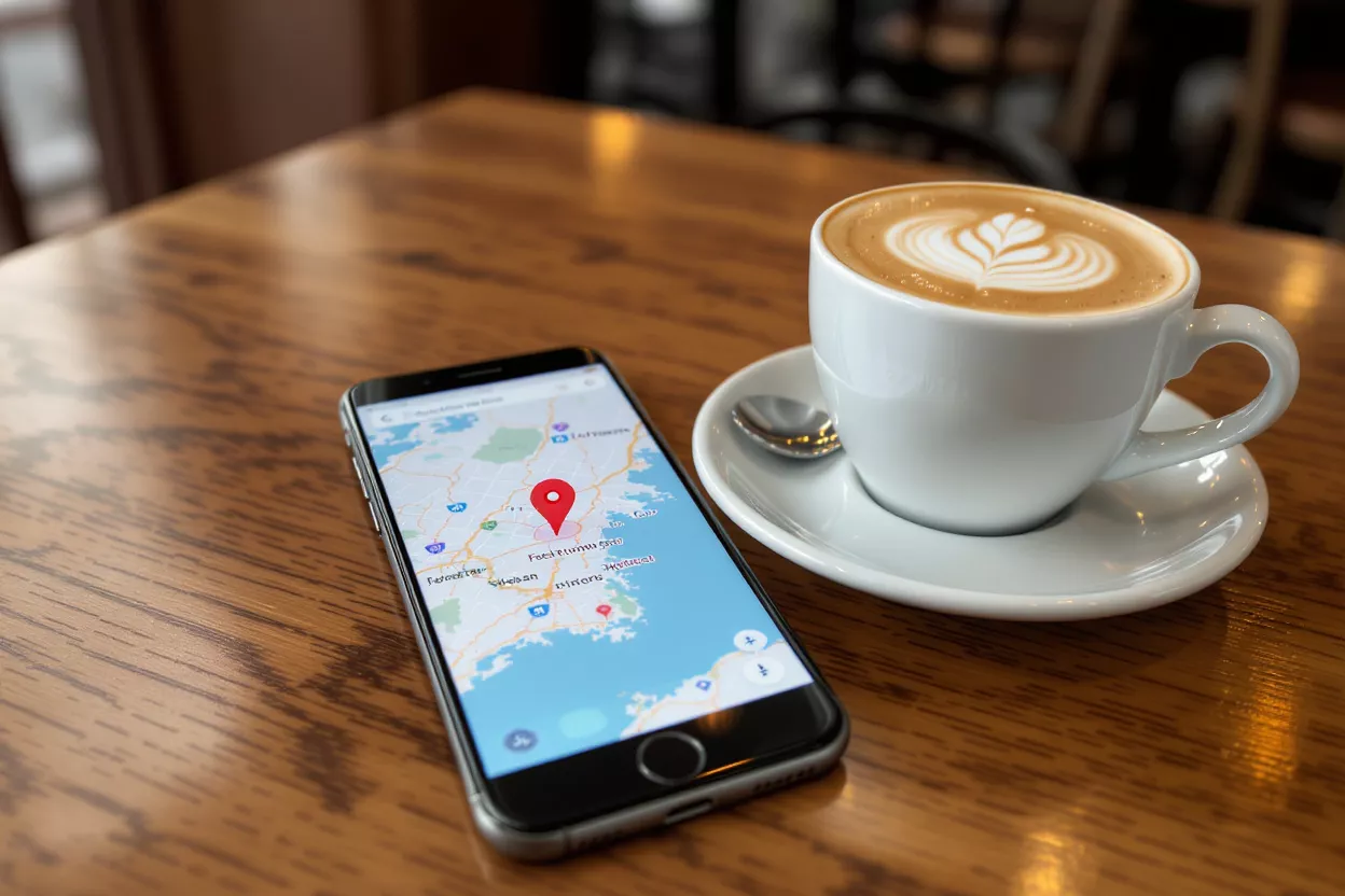 Coffee and Phone with Map Smartphone displaying a map with a red pin next to a latte on a wooden table.