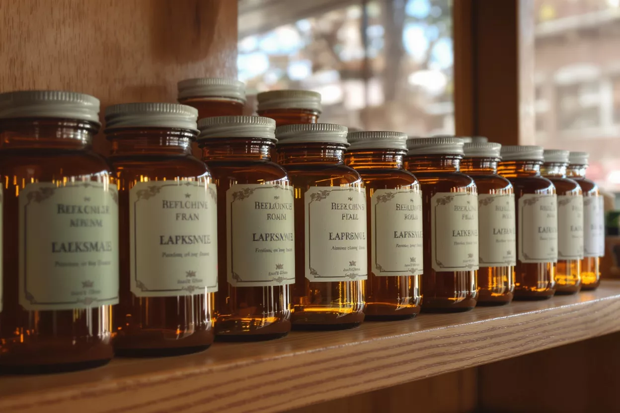 Amber Bottles on Wooden Shelf Row of amber glass bottles with white labels on a wooden shelf.