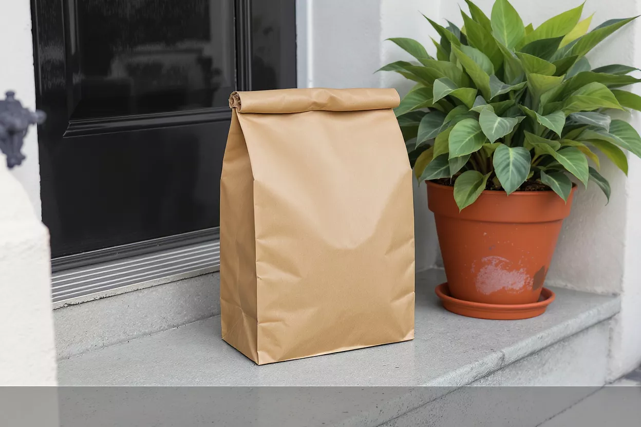 Delivery Brown Paper Bag at Doorstep Brown paper bag delivery on a doorstep next to a potted plant.