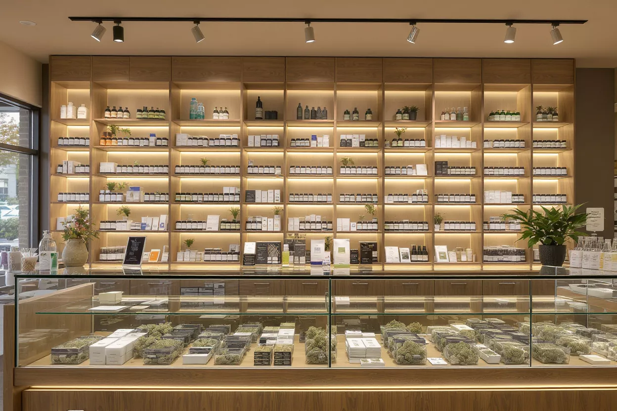 Interior of a modern cannabis dispensary with illuminated shelves and display cases.