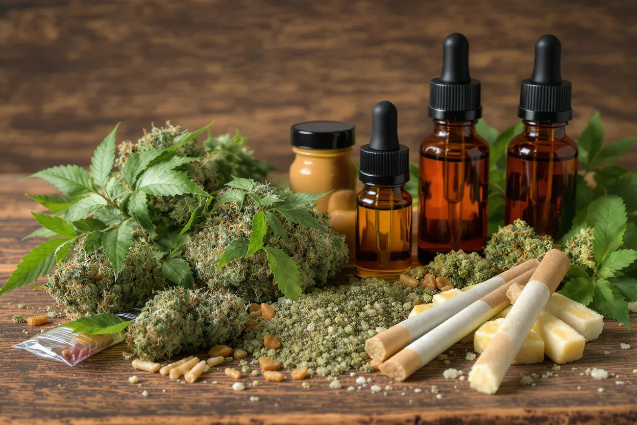 Various cannabis products including buds, oils, edibles, and pre-rolls on a wooden surface.