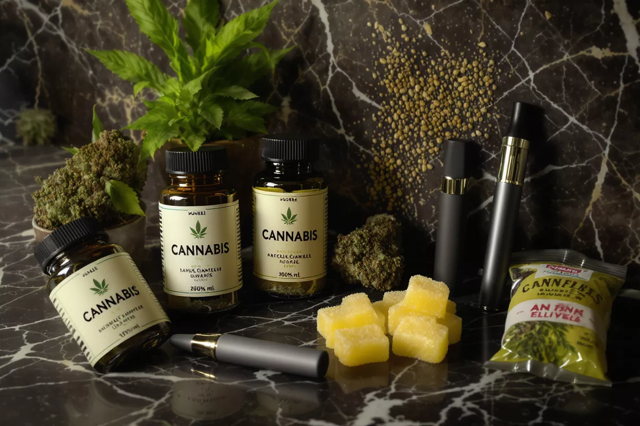 Various cannabis products including oils, gummies, vapes, and flower on a marble surface.