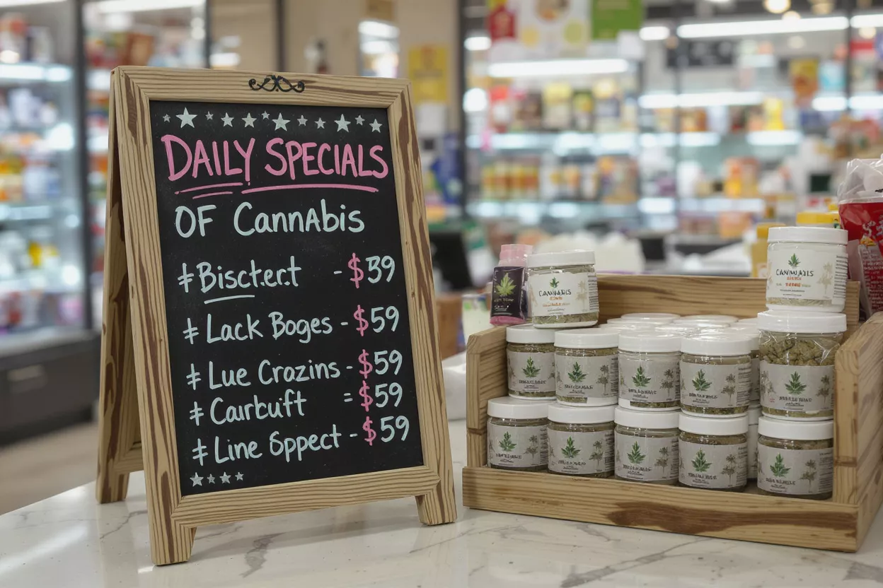 Chalkboard with cannabis specials next to jars of cannabis products on a wooden stand.