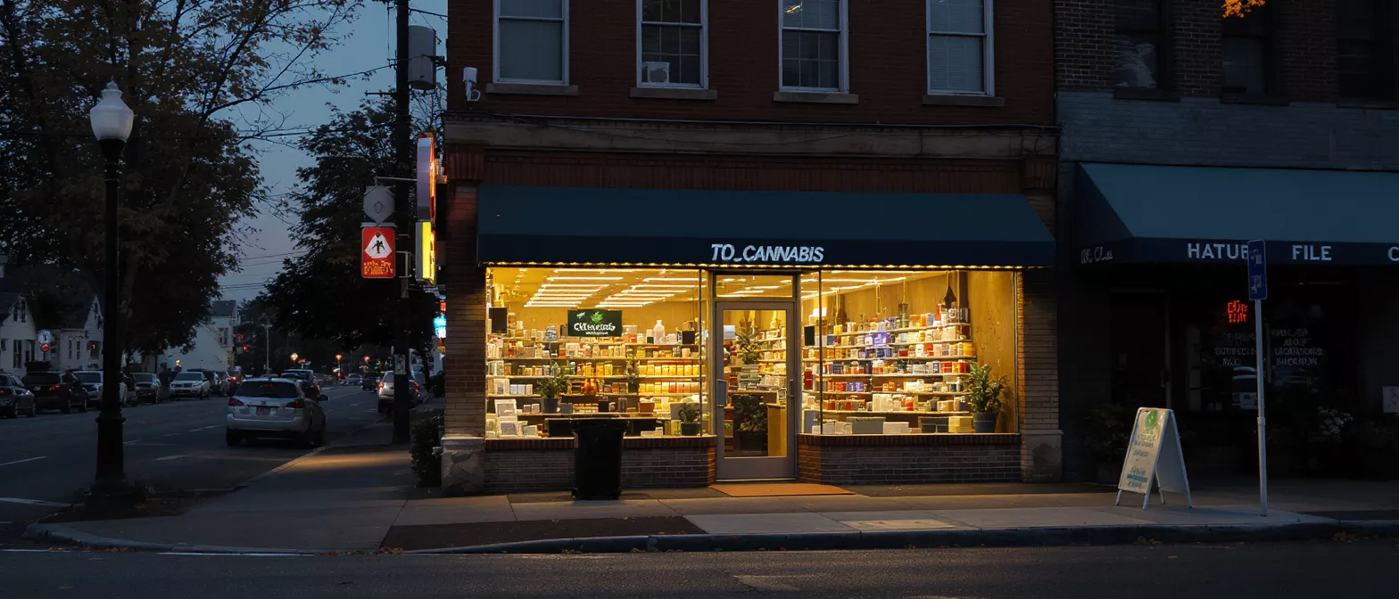 Brightly lit cannabis store with green awning on a city street at twilight.