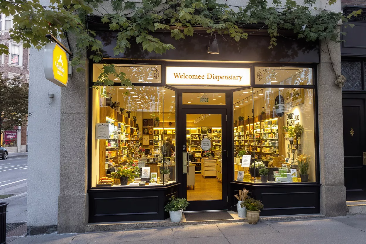 Welcomee Dispensary Storefront Exterior view of Welcomee Dispensary at night with warm lighting and products.
