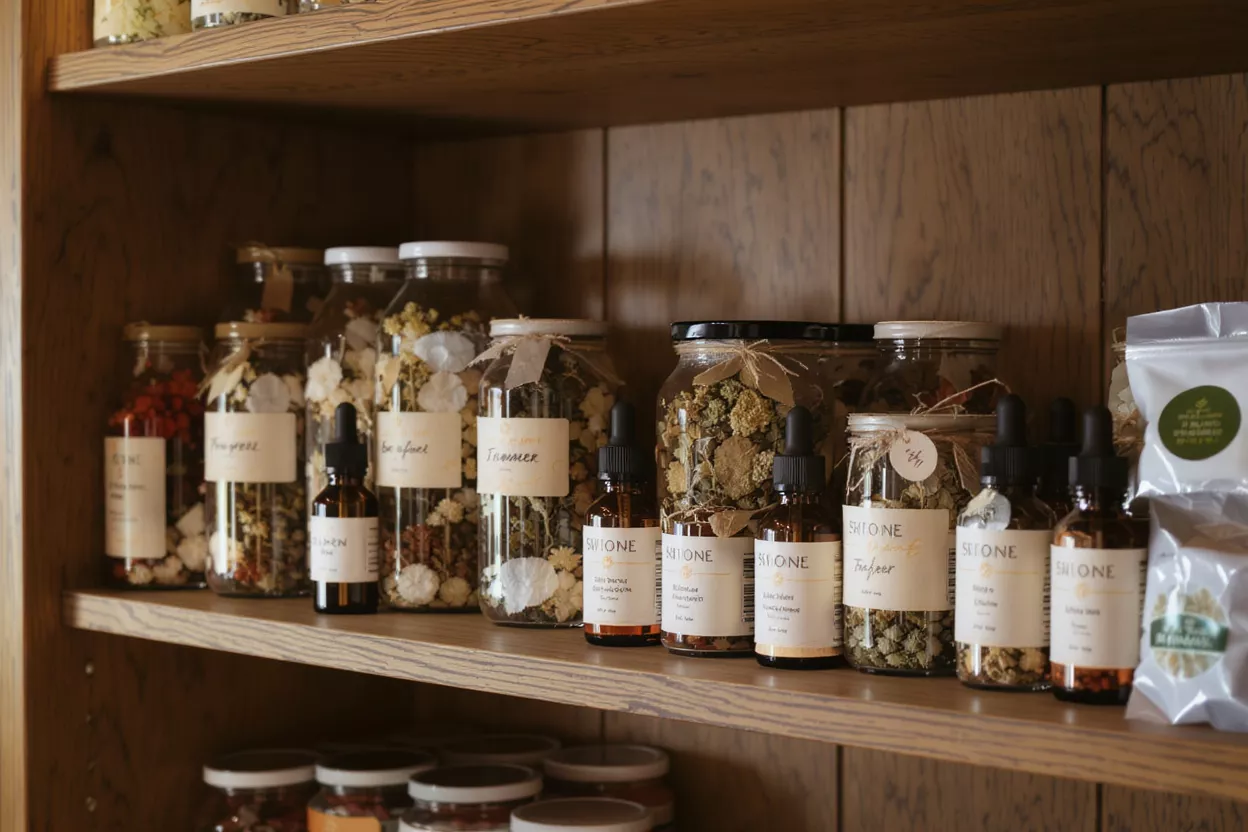 Herbal Products on Wooden Shelves Various jars and bottles of herbal products displayed on rustic wooden shelves.