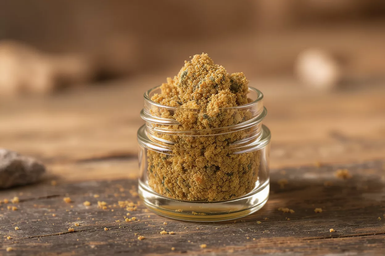 Premium Kief Cannabis Concentrate A small glass jar overflowing with golden-brown kief on a rustic wooden surface.