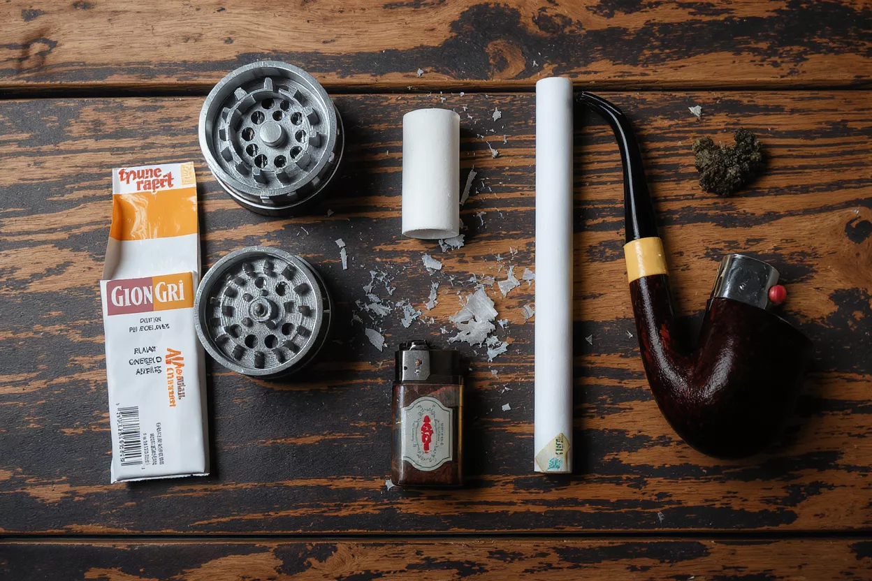 Smoking Accessories on Wood Table Various smoking accessories including a grinder, pipe, lighter, and plant material.