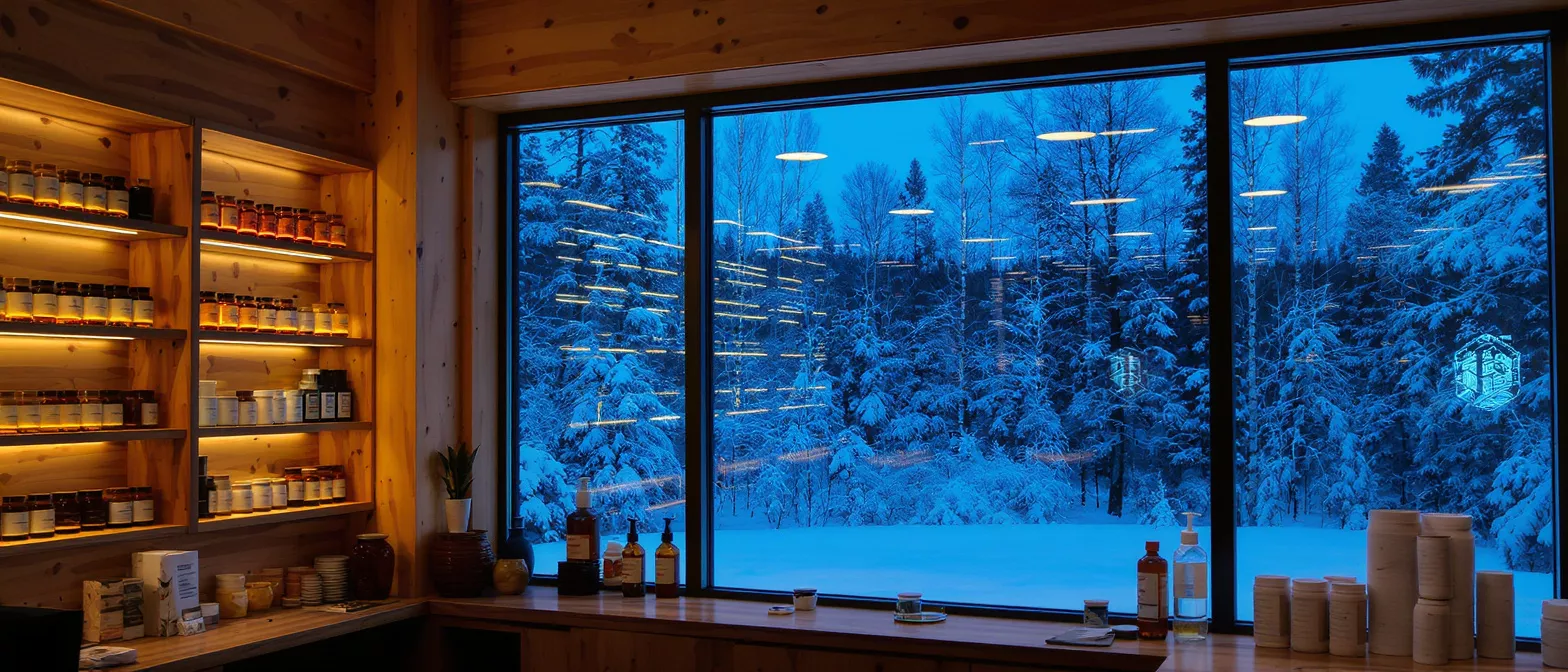 Interior of a cozy cabin store with shelves of products and a snowy forest view.