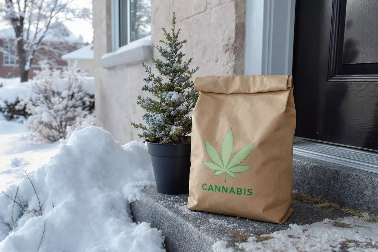 Cannabis Delivery on Snowy Porch Cannabis delivery bag and small tree on a snowy porch next to a door.