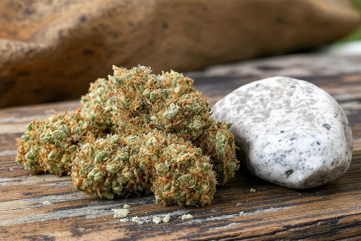 Premium Cannabis Buds Close-up of vibrant green and orange cannabis buds next to a smooth grey stone.