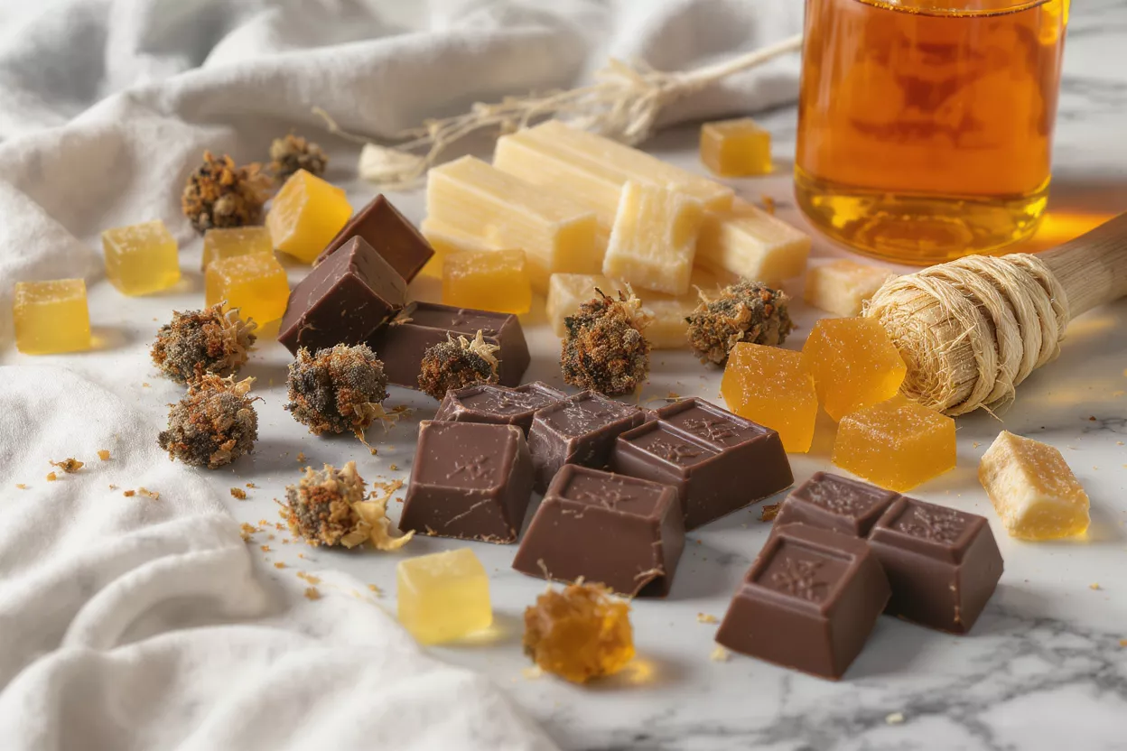 Cannabis Edibles and Honey Cannabis flower, chocolate, gummies, and honey on a marble surface with white cloth.