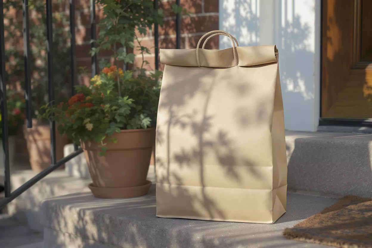 Delivery Paper Bag on Doorstep Brown paper delivery bag with handles on a concrete doorstep.
