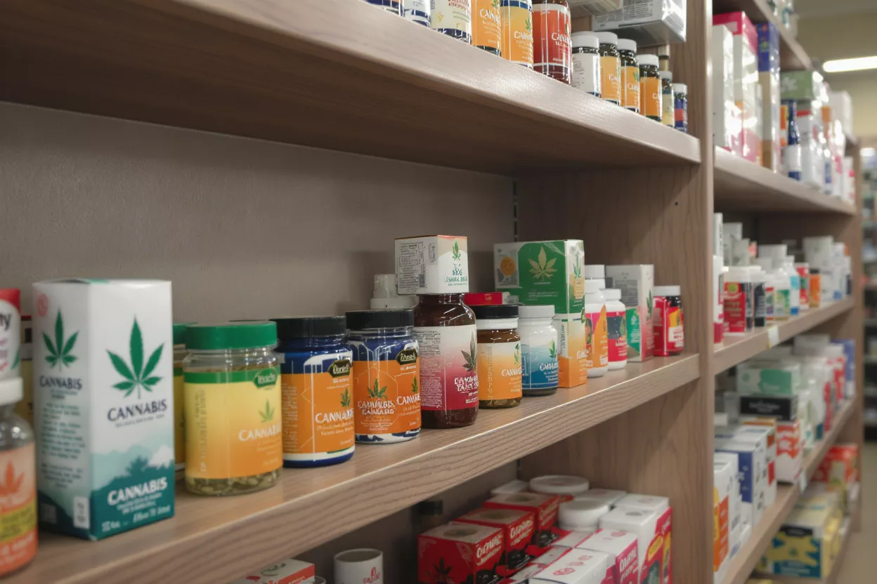 Cannabis Products on Pharmacy Shelf Various cannabis-branded products, including oils and supplements, displayed on pharmacy shelves.