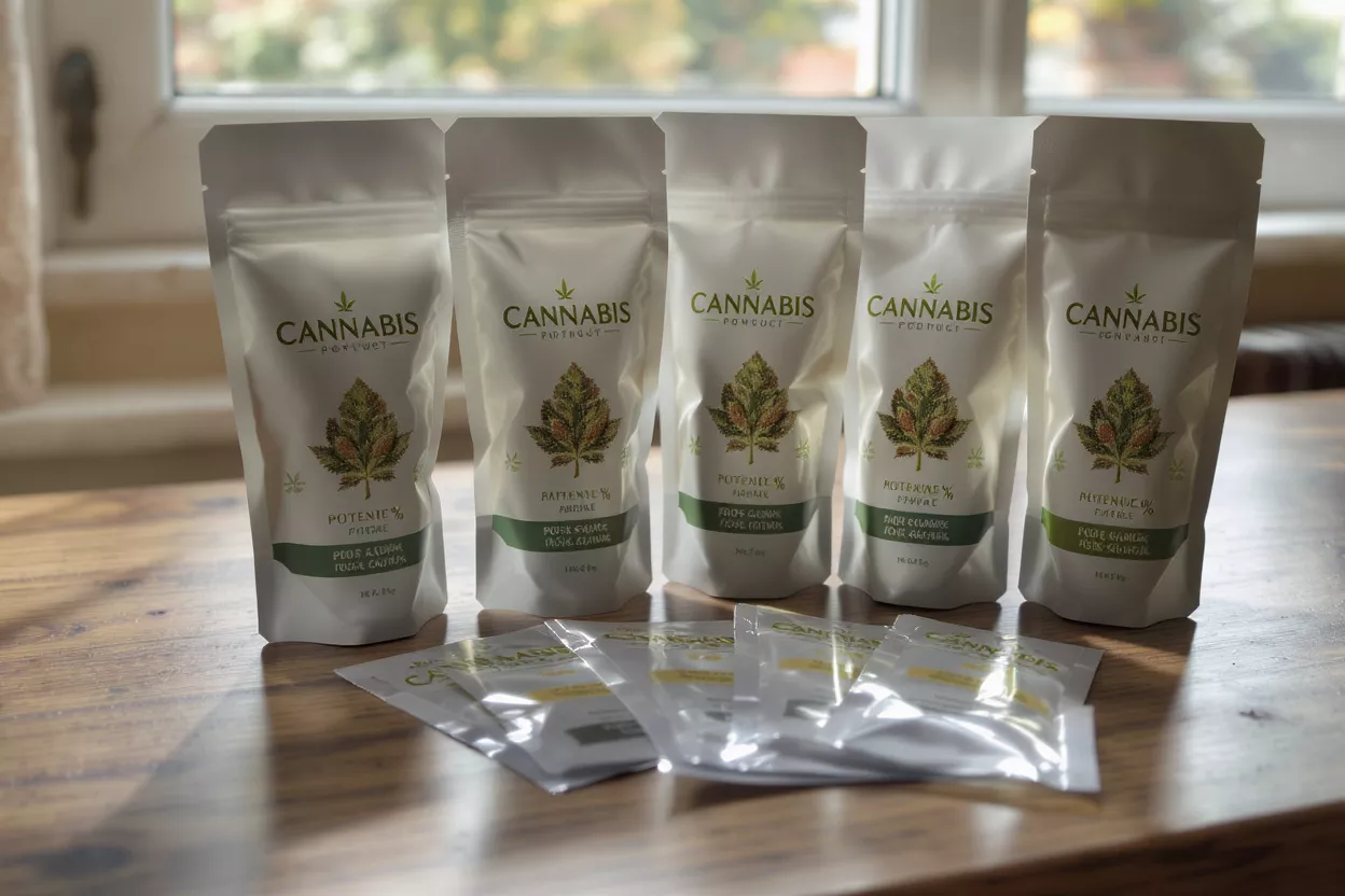 Cannabis Product Packaging Five white cannabis product pouches with green labels and several small sachets on a wooden table.