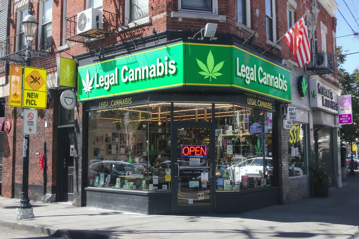 Legal Cannabis Storefront Corner storefront of a legal cannabis shop with green signage and an 'OPEN' neon sign.