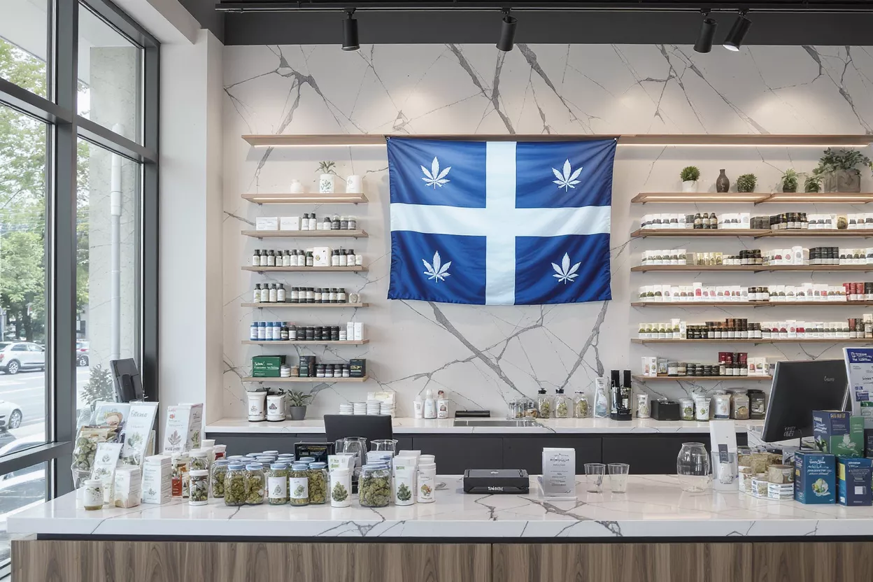 Interior of a modern cannabis dispensary with a Quebec flag featuring cannabis leaves.