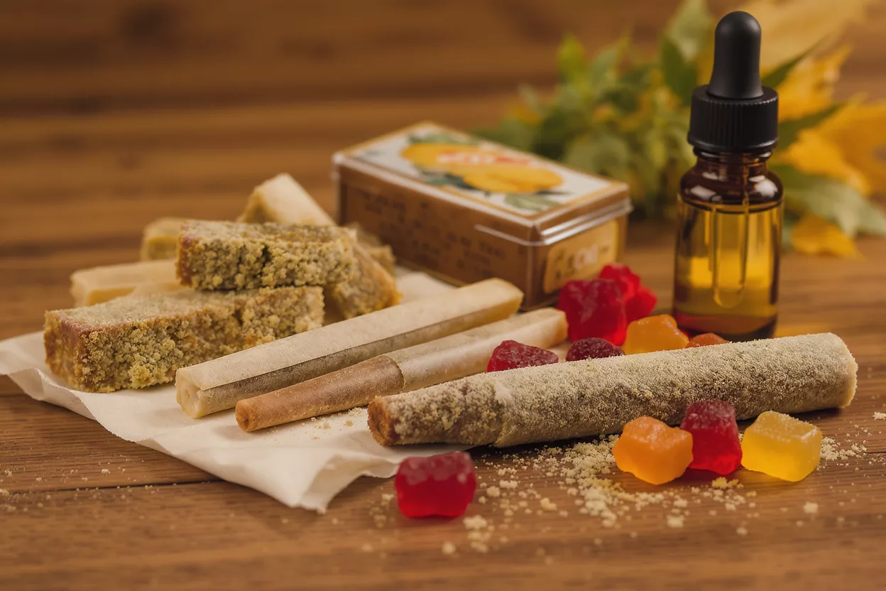 Various cannabis products including edibles, pre-rolls, oil, and gummies on wooden surface.