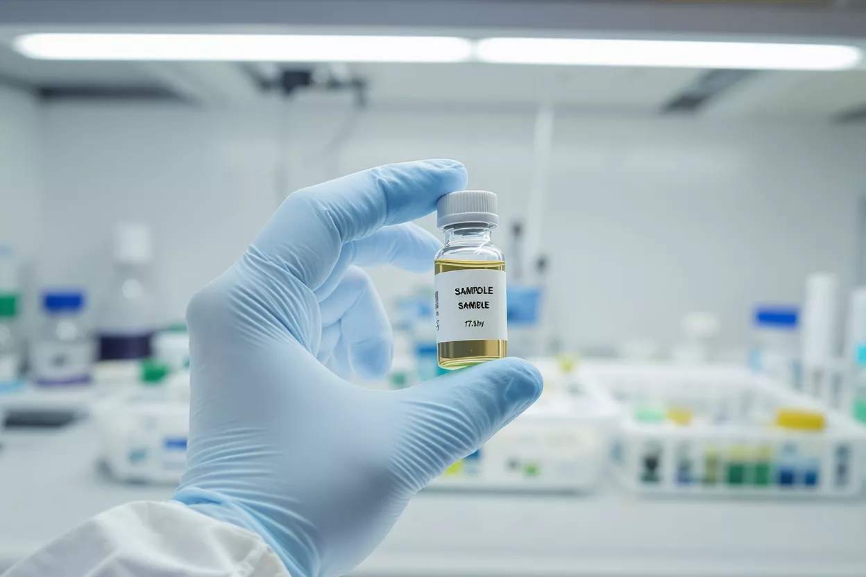 Gloved hand holding a vial with yellow liquid labeled 'SAMPLE' in a lab.