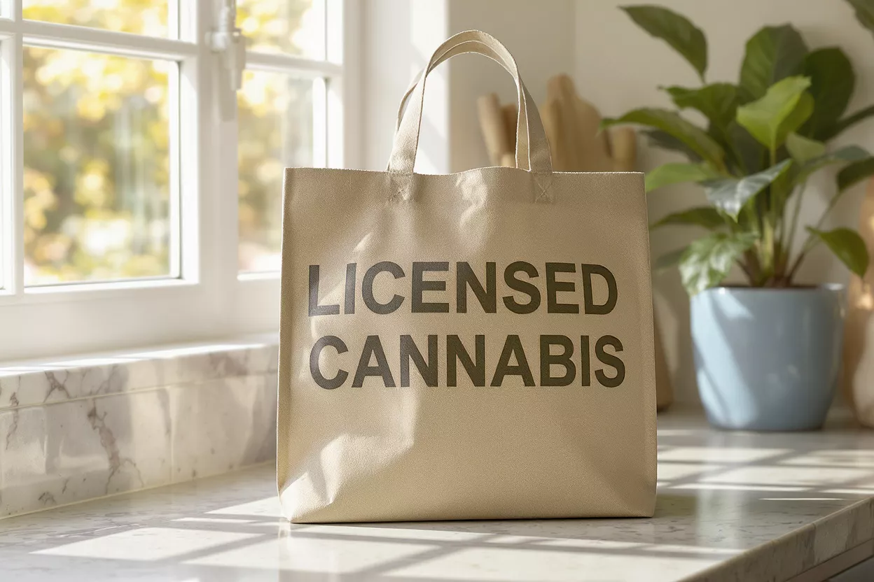 Beige tote bag with "LICENSED CANNABIS" text on a sunlit counter.