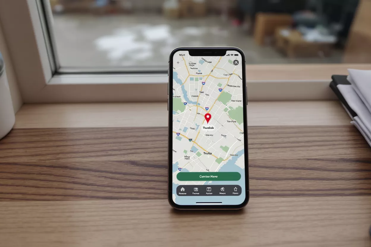 An iPhone displaying a map app with a red location pin on a wooden surface.