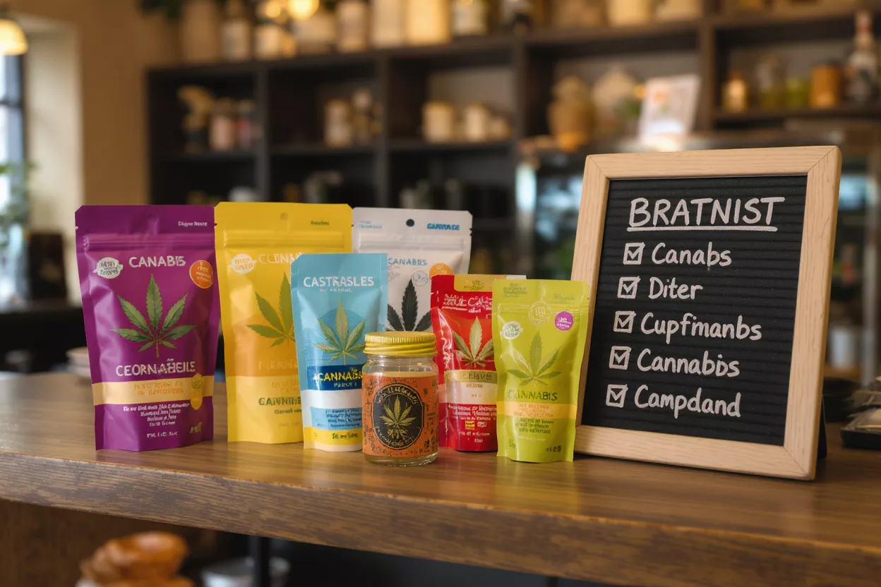 Various cannabis products on a wooden counter with a checklist board.