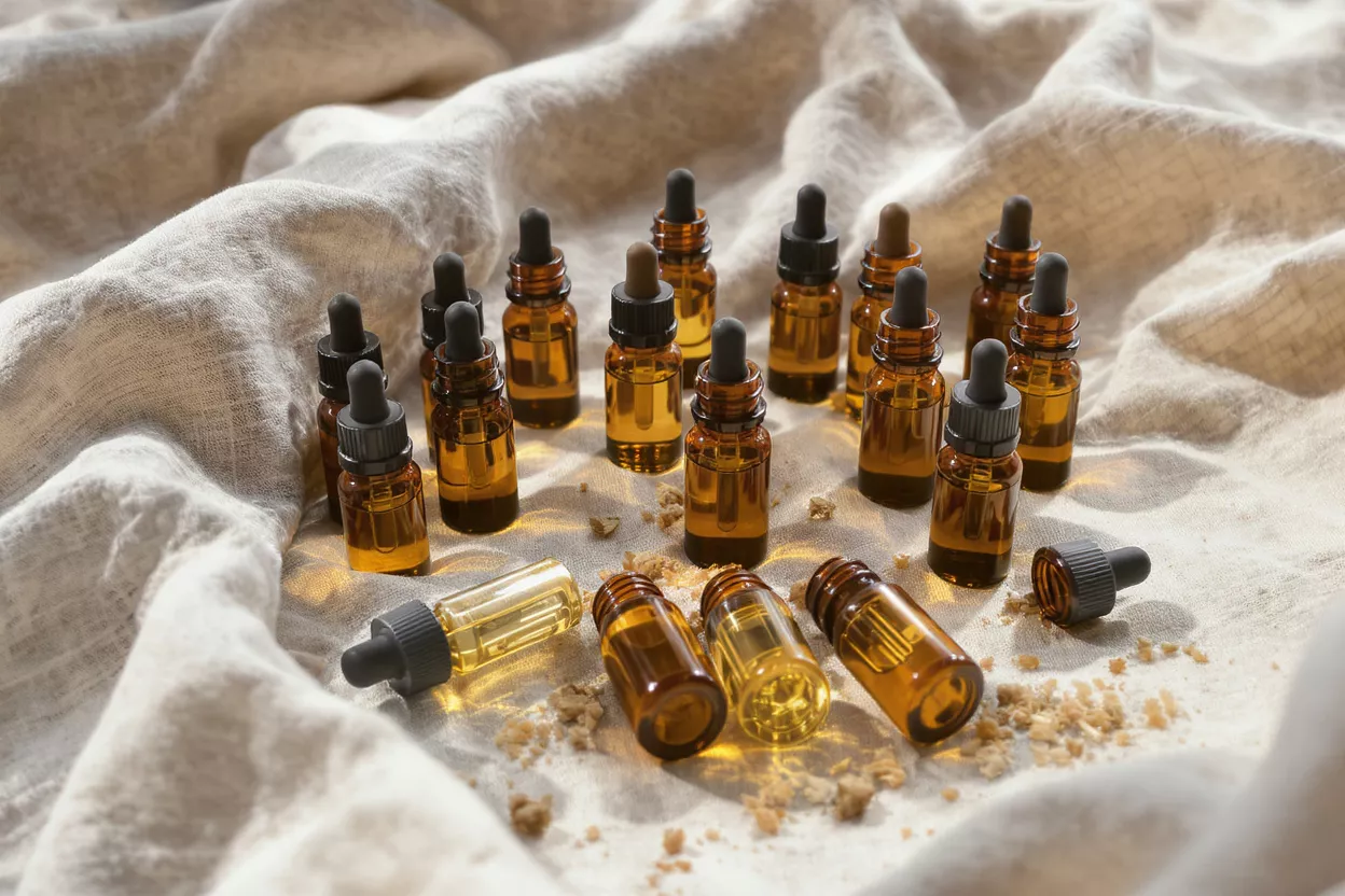 Numerous small amber glass dropper bottles filled with essential oils on a textured fabric.