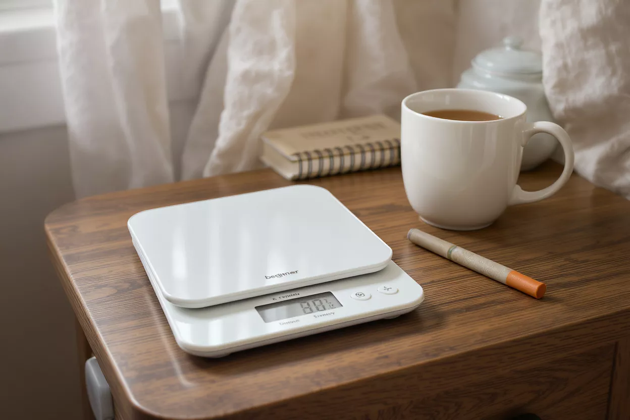 White digital kitchen scale, tea mug, and notebook on a wooden table.