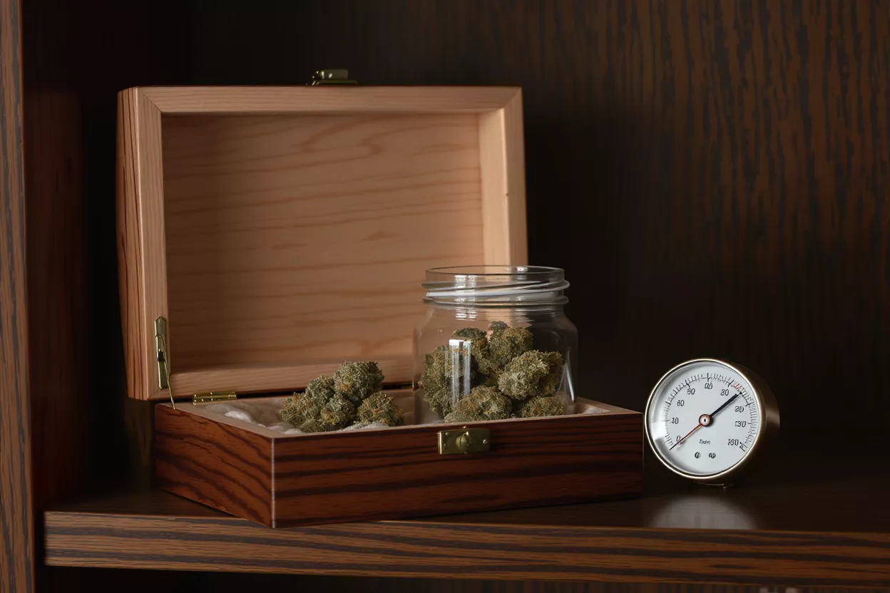 Cannabis buds in a jar and wooden humidor with a thermometer on a shelf.