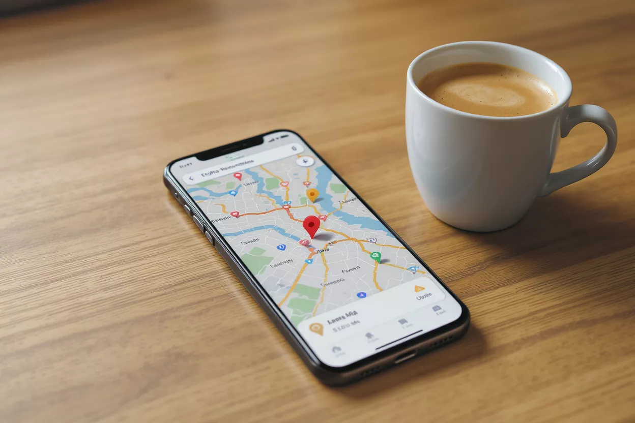 Smartphone displaying a map application next to a white coffee cup on a wooden table.