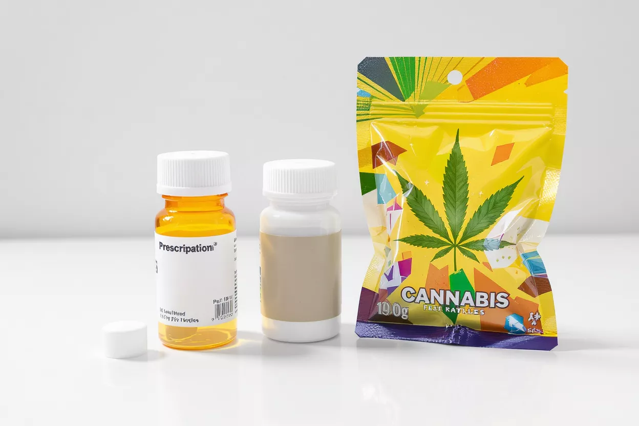 Two medical cannabis bottles and one recreational cannabis pouch on a white background.