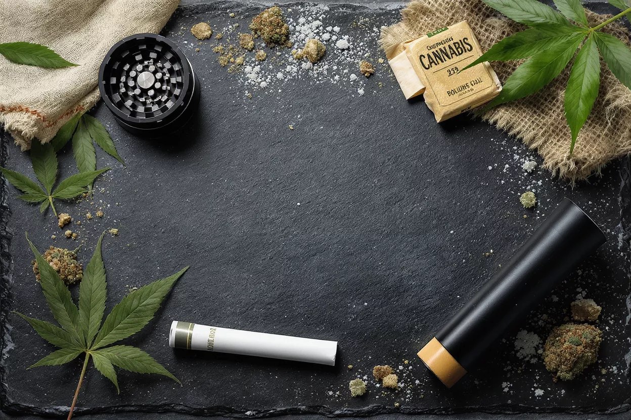 Various cannabis products including grinder, leaves, buds, and packaging on a dark slate.