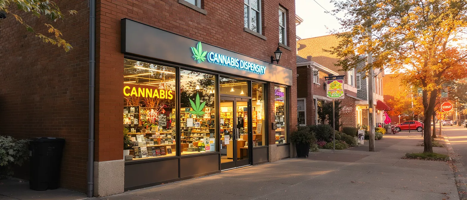 Exterior view of a cannabis dispensary on a sunny street with autumn trees.