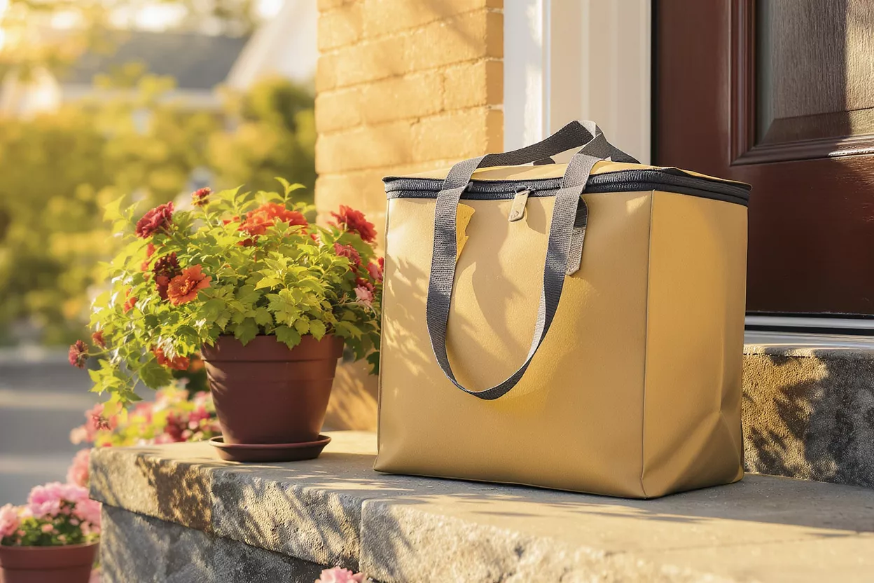 Insulated Cooler Bag Delivery Yellow insulated cooler bag on a porch step next to a potted plant.