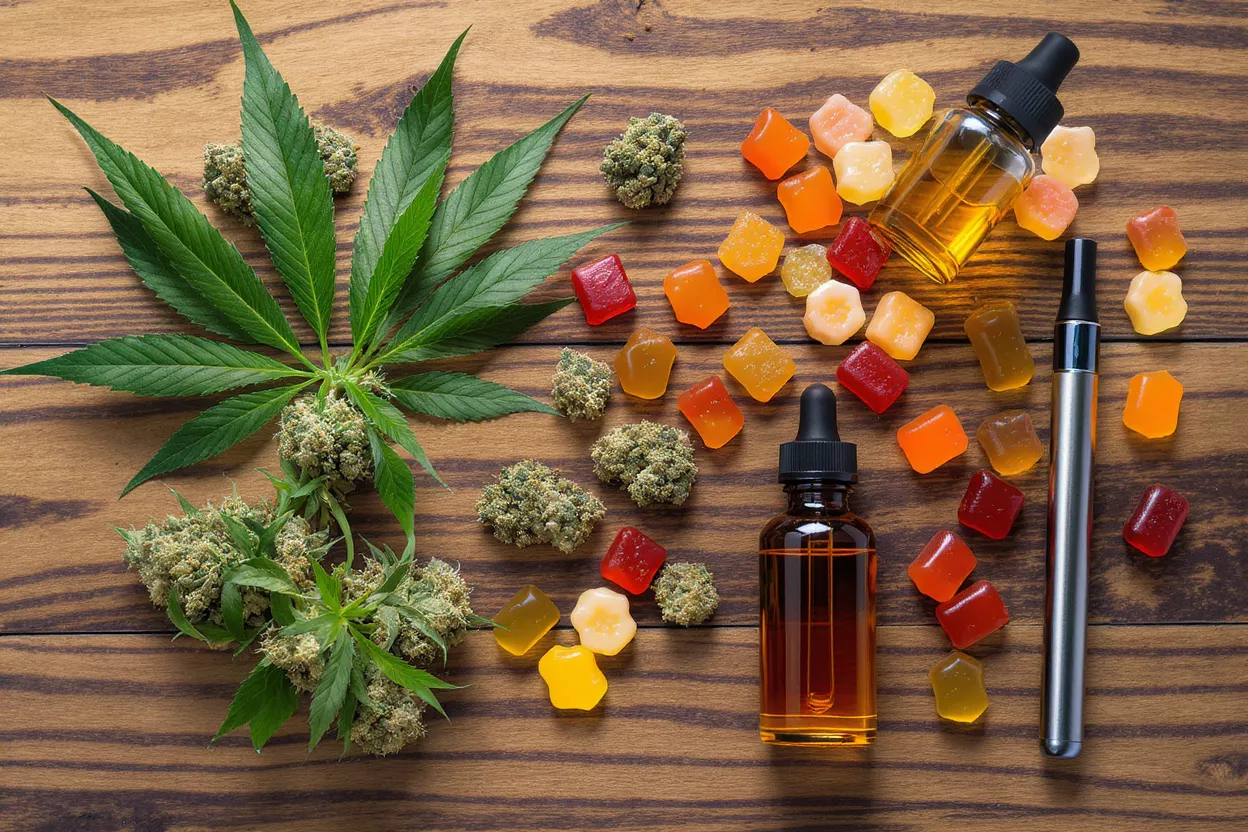 Cannabis Products Assortment Cannabis leaves, buds, colorful gummies, oil bottles, and a vape pen on wood.